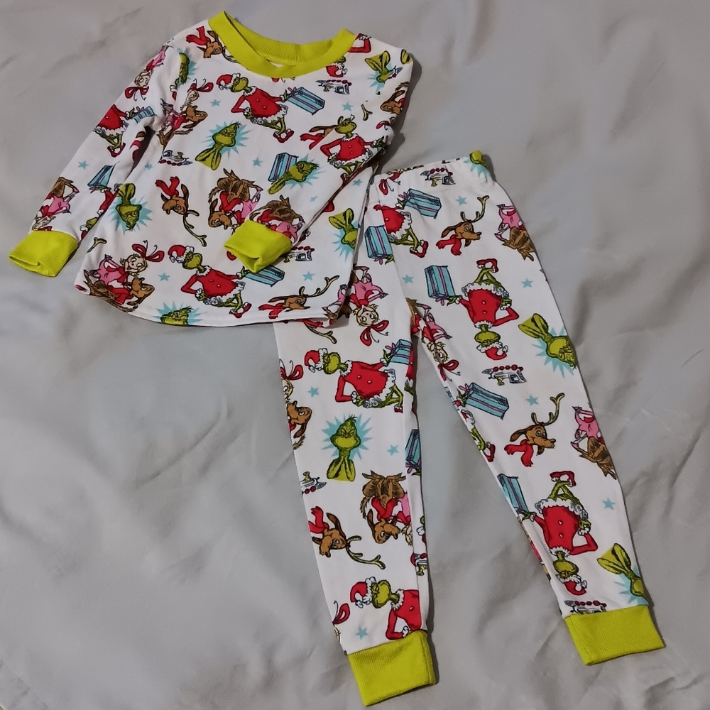 Dr. Seuss Grinch That Stole Christmas White and Lime Green Kids Pajama Set 18mos